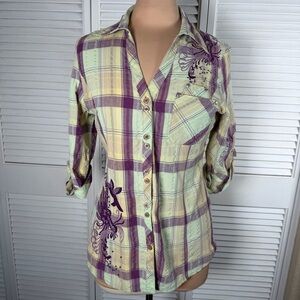 Mur Mur Plaid Embroidered Western Boho Shirt M Green Purple